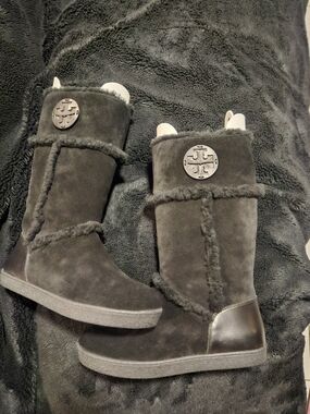 Tory Burch Shearling-Trim Suede Booties in Dark Brown